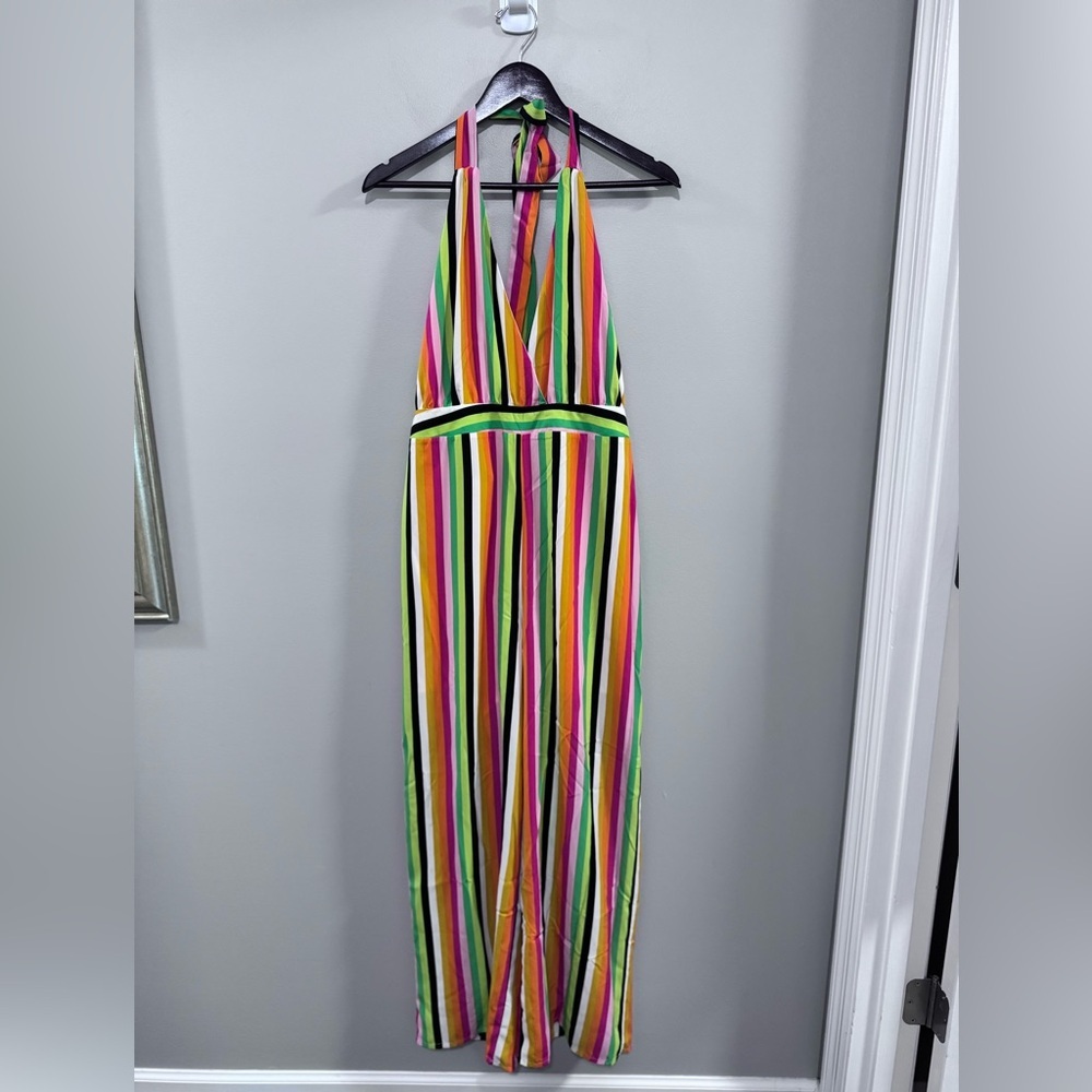 NWT Blu Pepper Vibrant Striped Halter Backless Wide Leg Jumpsuit. Size Large